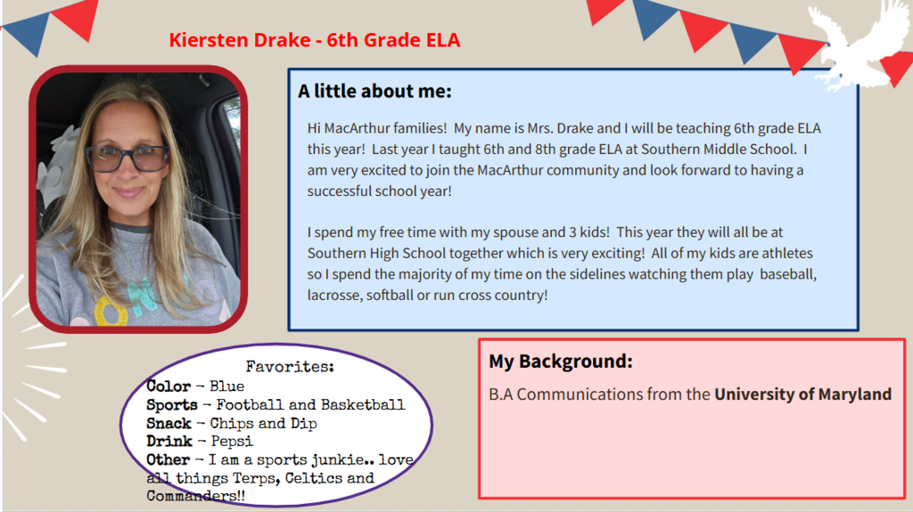 A woman with blonde hair and glasses introduces herself as Mrs. Drake, teaching 6th grade ELA.