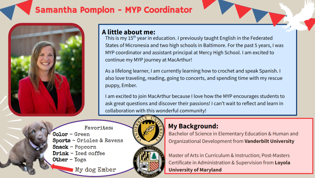 A profile showing a woman in a red blazer, text about her, a dog, and badges for education.