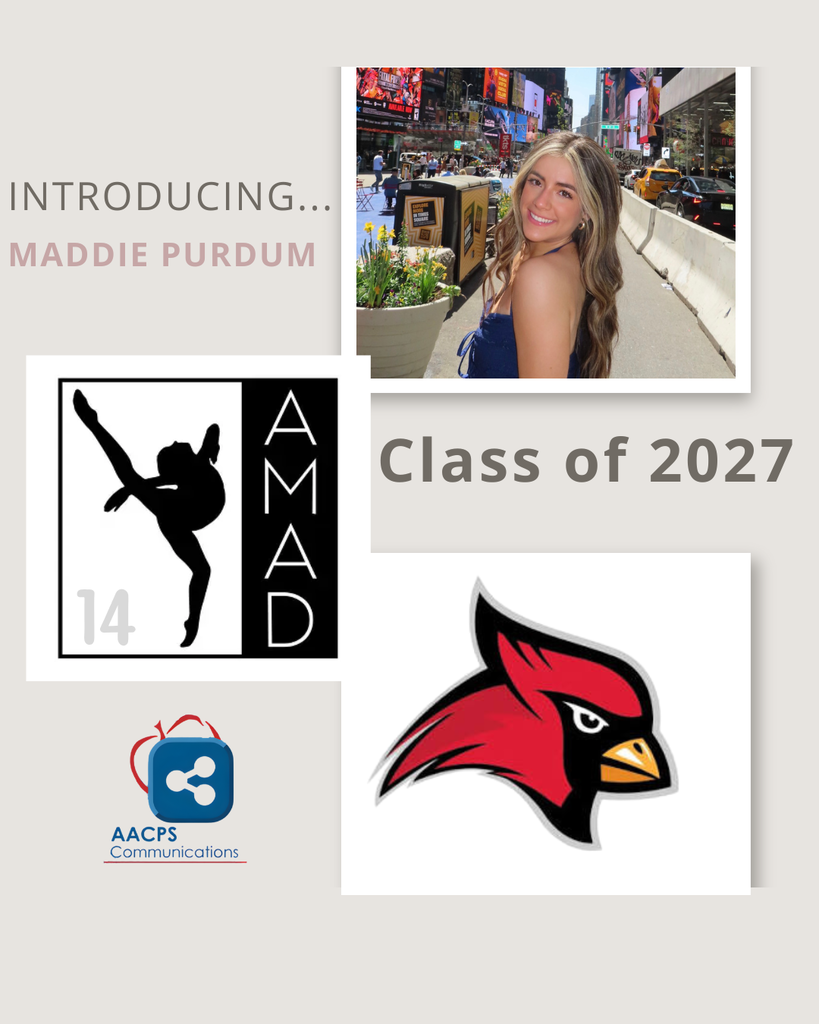 Picture of Maddie, her dance company logo, the AACPS communications logo, and Crofton High School's logo