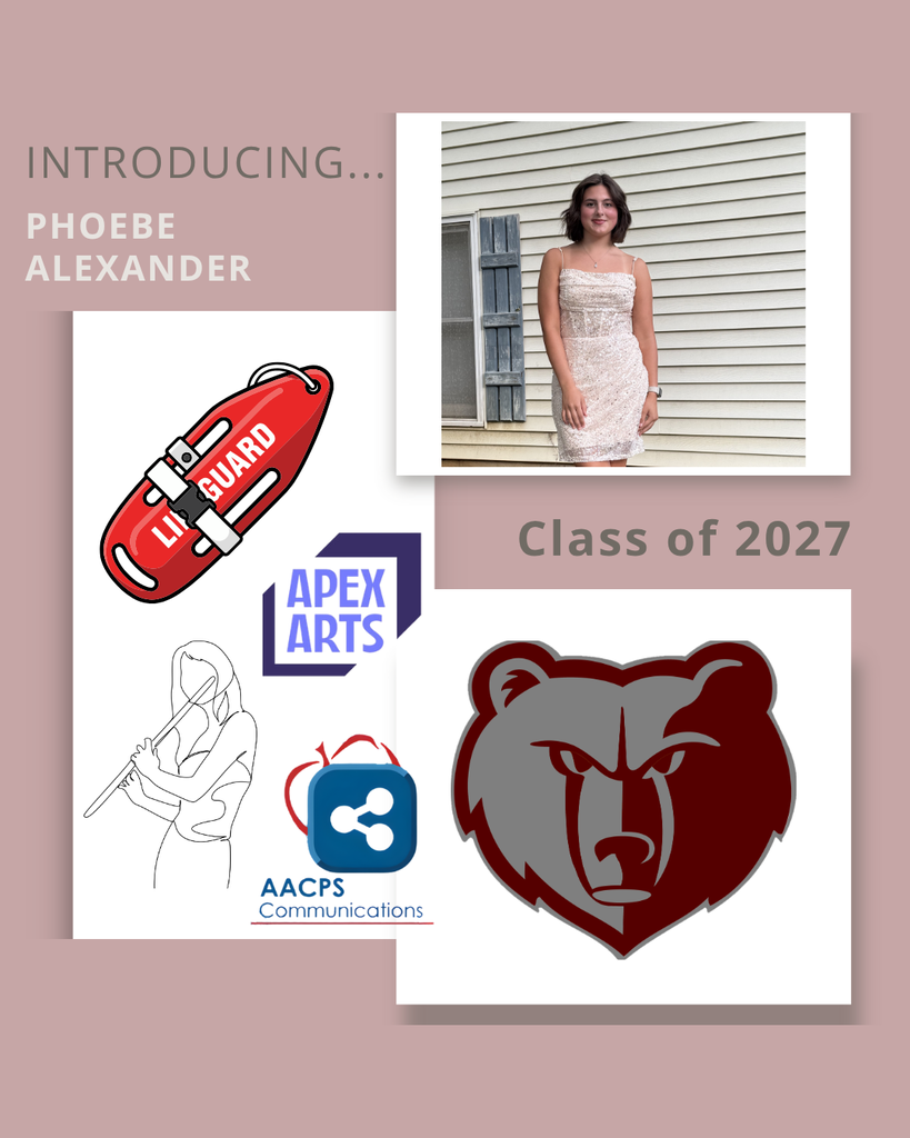 Picture of Phoebe Alexander, lifeguard flotation device, Apex Arts logo, flute, AACPS communications logo, and Broadneck High School's logo