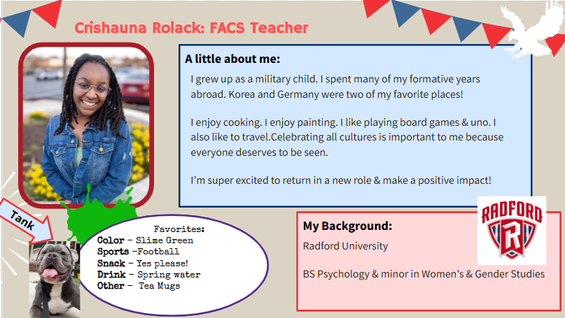 A page displays a smiling woman in a denim jacket. Text reads "Crishauna Rolack: FACS Teacher." Other text includes background information, interests, and personal details.