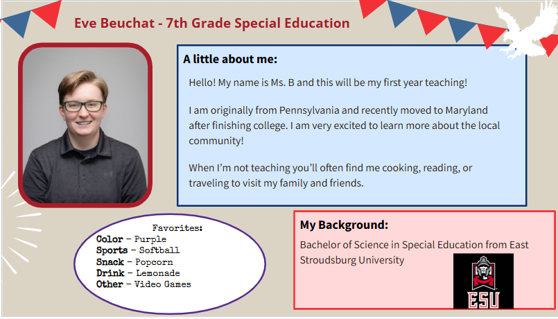 A profile image shows a smiling individual in a black shirt with "Eve Beuchat - 7th Grade Special Education" above. Below is a description of their background and interests.