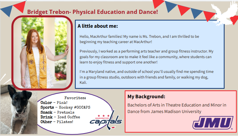 A presentation slide shows a photo of a woman in a yellow and white outfit. Text reads "Bridget Trebon - Physical Education and Dance!"