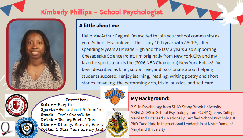A person with a smile is on a blue background. Text reads "Kimberly Phillips - School Psychologist".