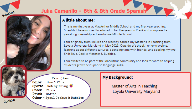 A colorful page displays a photo of a woman with a dog and a blue background. Text introduces Julia Camarillo as a sixth-grade Spanish teacher.