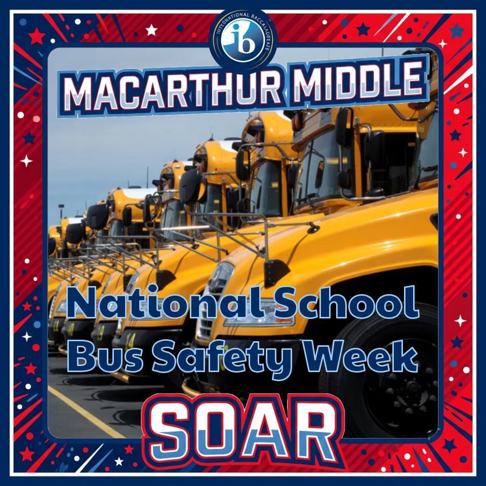 Row of yellow school buses with red, white, and blue stars on a white background, promoting National School Bus Safety Week.
