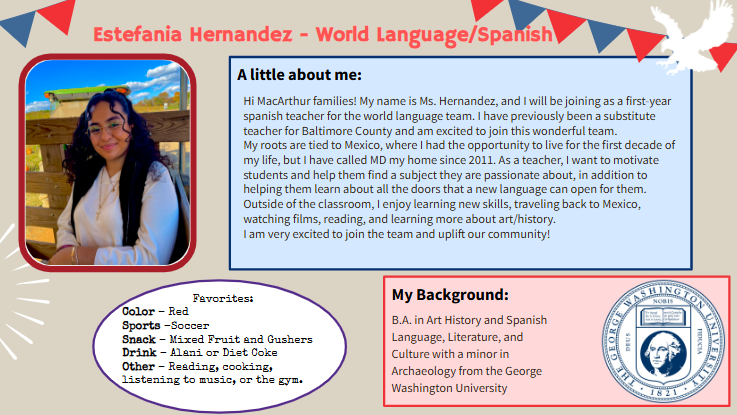 A poster with a woman, text, and a seal. The woman wears white. Text includes personal info and educational background. Background includes red, white, and blue.