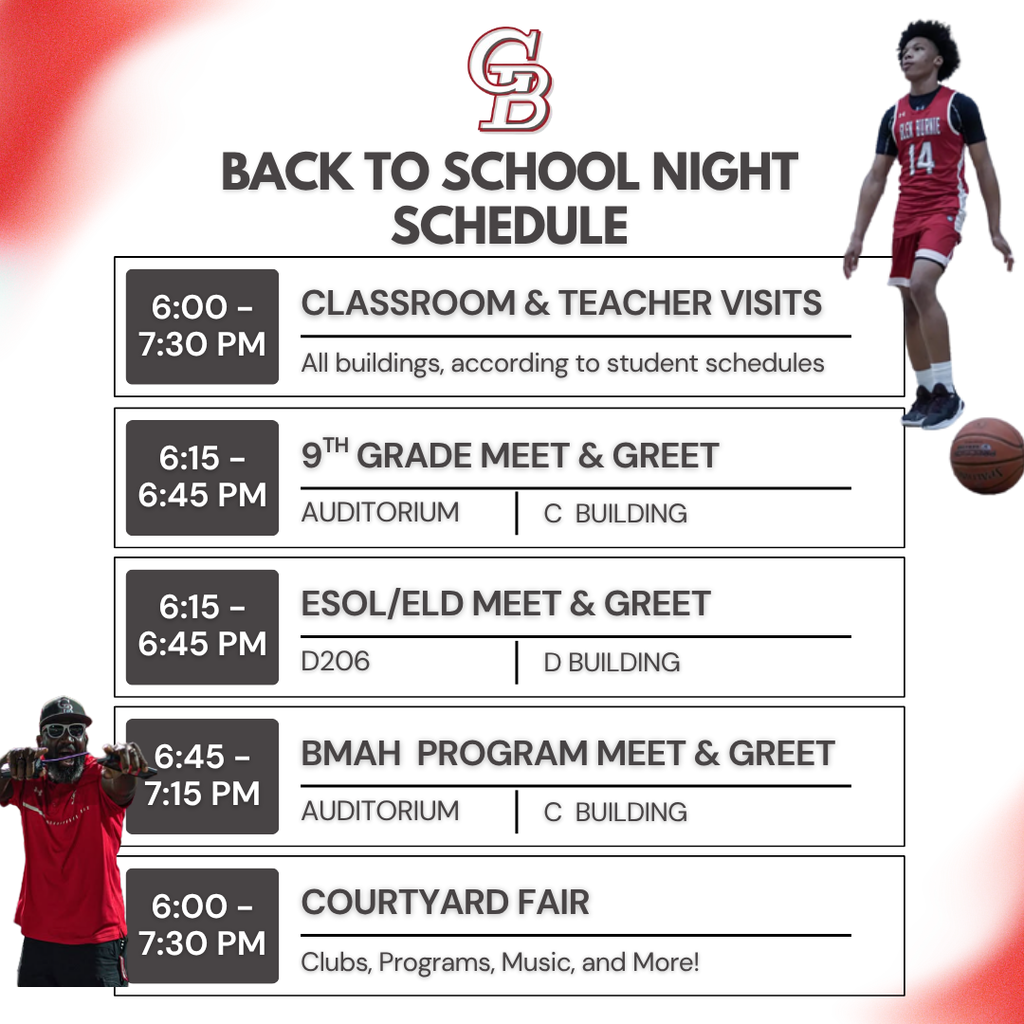 A schedule for Back to School Night lists events, including classroom visits, grade meet & greets, and a courtyard fair.