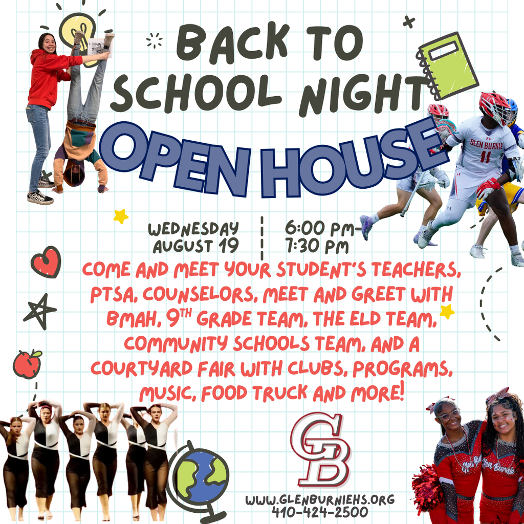 Flyer with a paper background featuring a schedule for Back to School Night on August 19 from 6-7:30 pm.