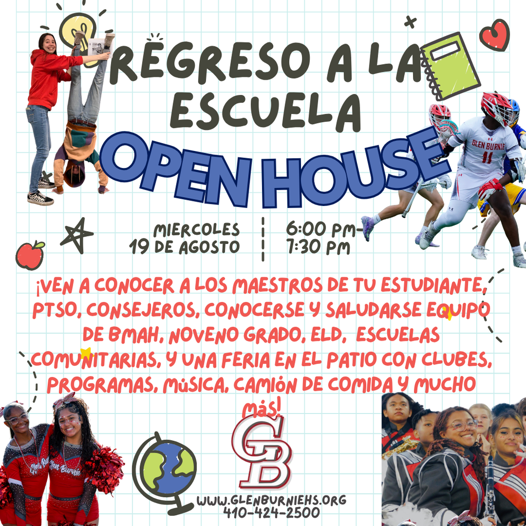 Poster with a colorful grid background. It highlights an open house event with illustrations of students, teachers, and activities.