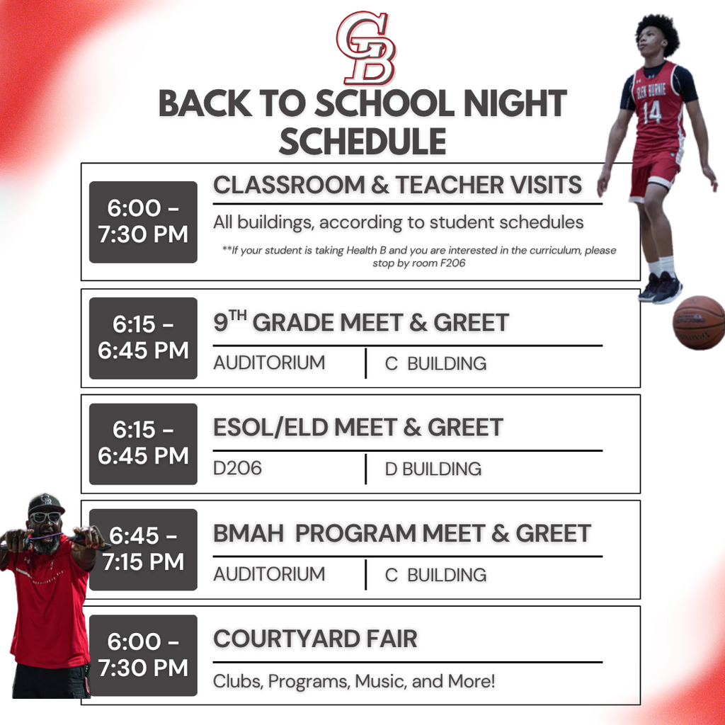 A flyer displays a basketball player, text, and schedule. The schedule includes class, meet and greet, and a fair.