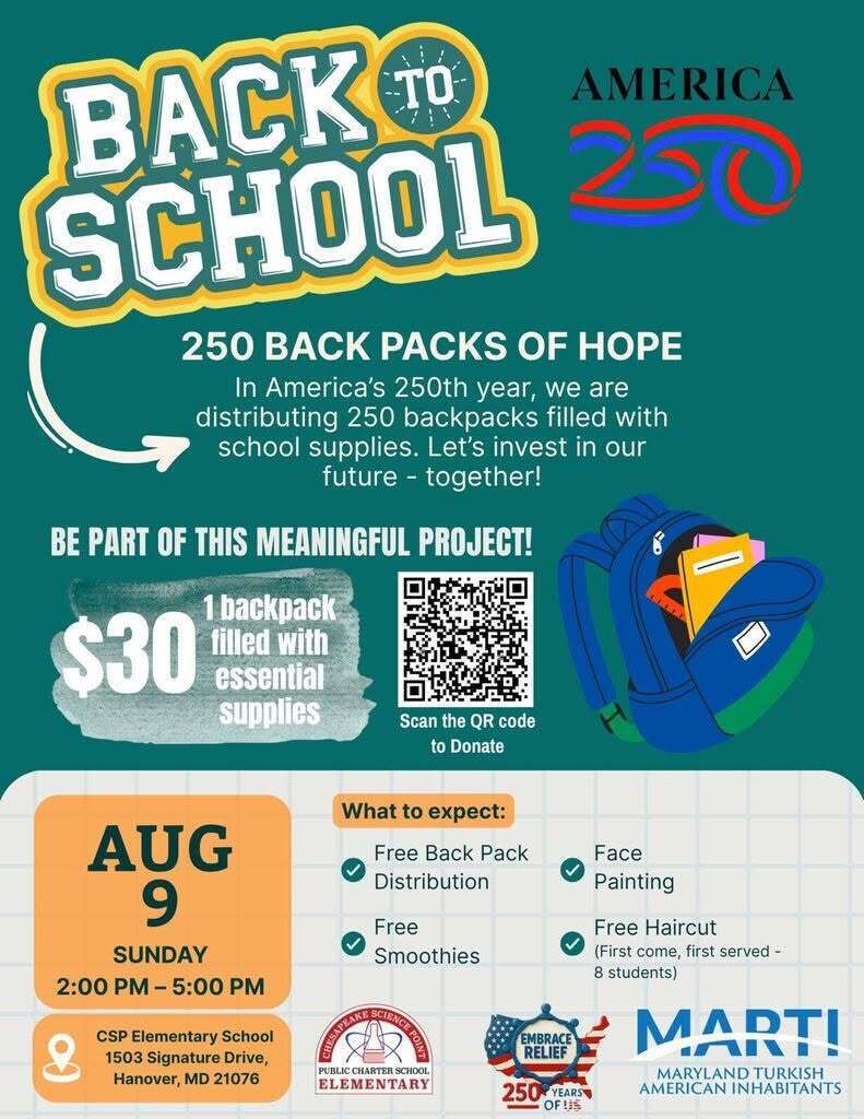 Green poster with white and orange text. "Back to School" in bold white. QR code for donation.