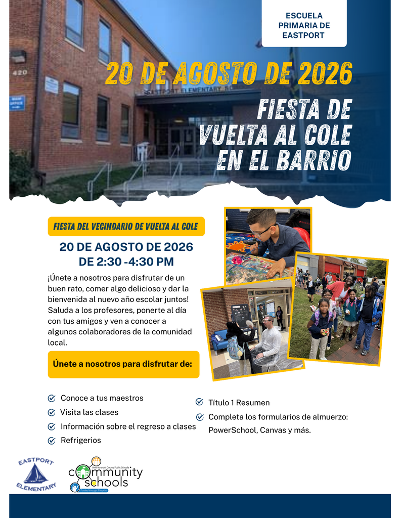 Flyer for the Fiesta de Vuelta al Cole event on August 20, 2026. It shows images of students, staff, and activities.