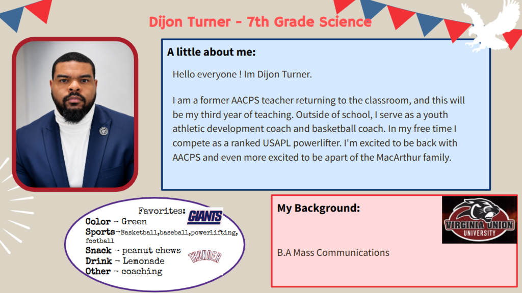 Display of a man in a suit with a red, white, and blue background. Text reads "Djon Turner - 7th Grade Science."