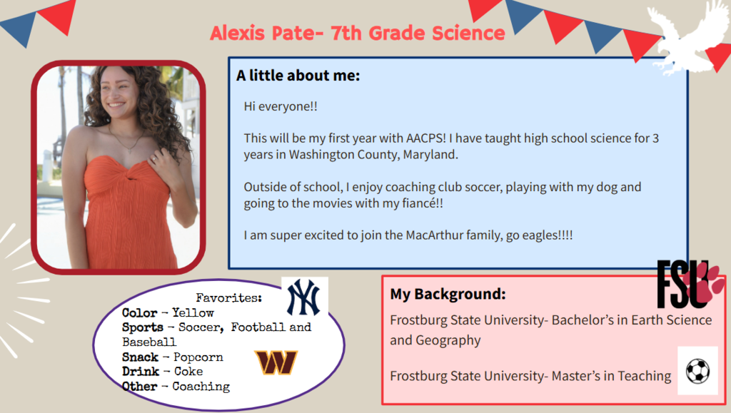 A presentation includes an image of a woman in an orange dress, text about her background, and educational credentials.