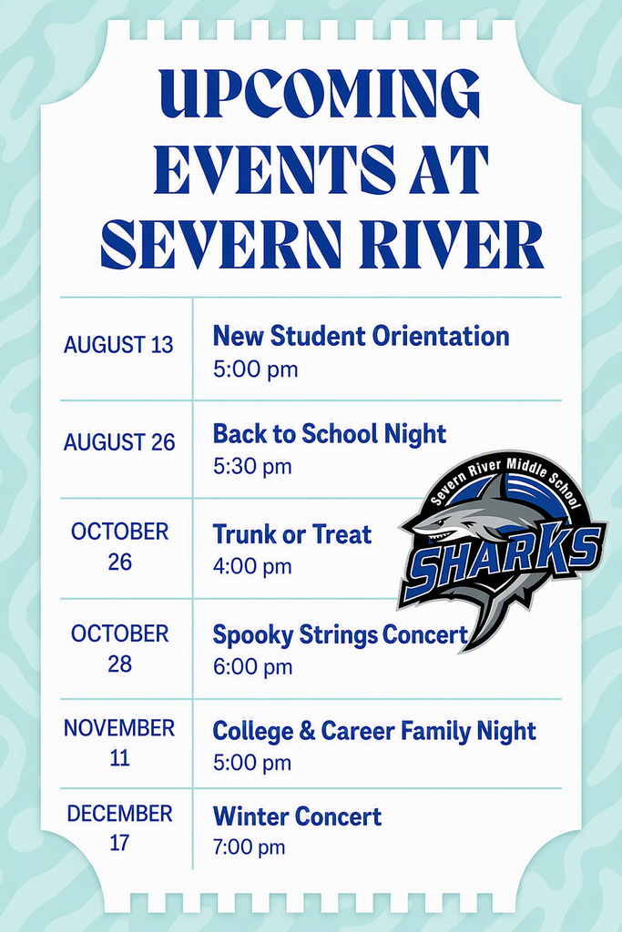 A poster lists upcoming events at Severn River with a teal background. Events include dates, times, and descriptions.