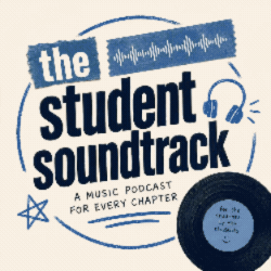 Logo for "The Student Soundtrack" podcast featuring a vinyl record and headphones with a blue and white color scheme.