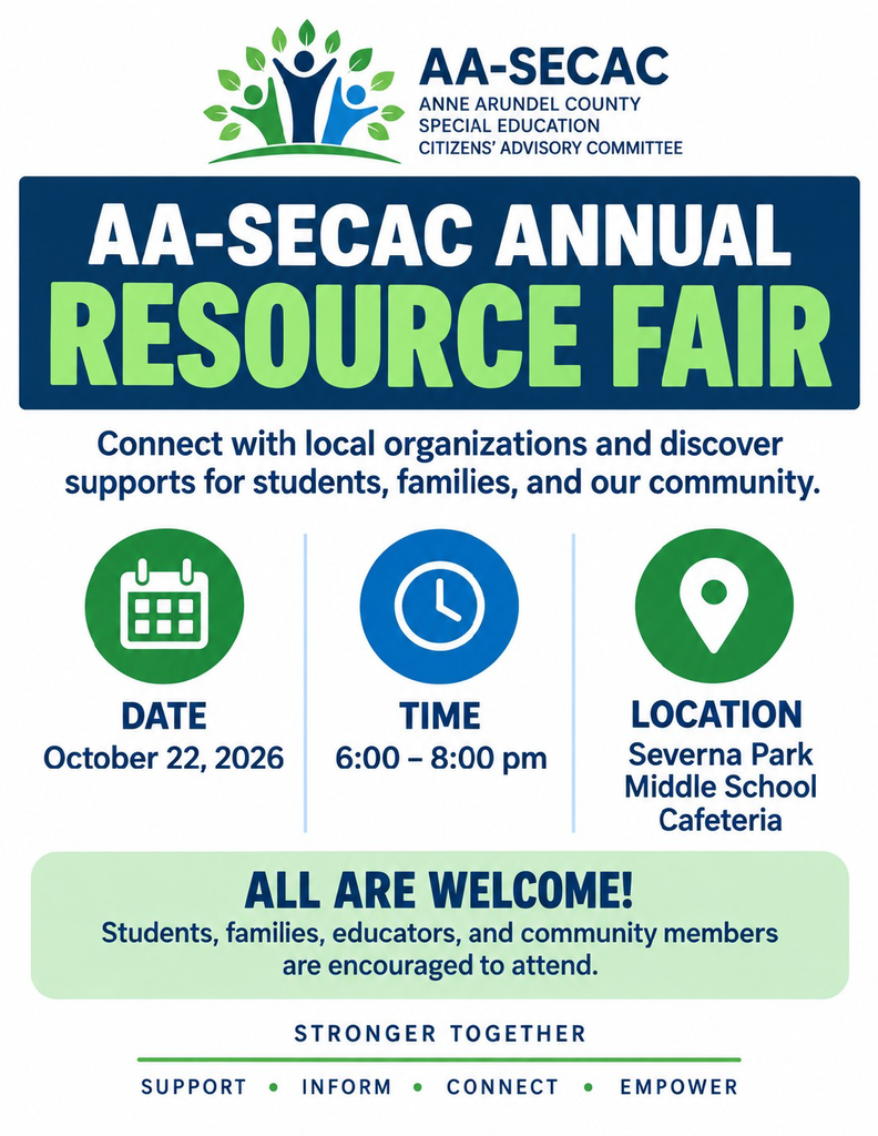 AA-SECAC Annual Resource Fair flyer promoting an event on October 22, 2026, from 6–8 p.m. at Severn Park Middle School Cafeteria. The fair connects students, families, educators and community members with local organizations and resources. All are welcome.