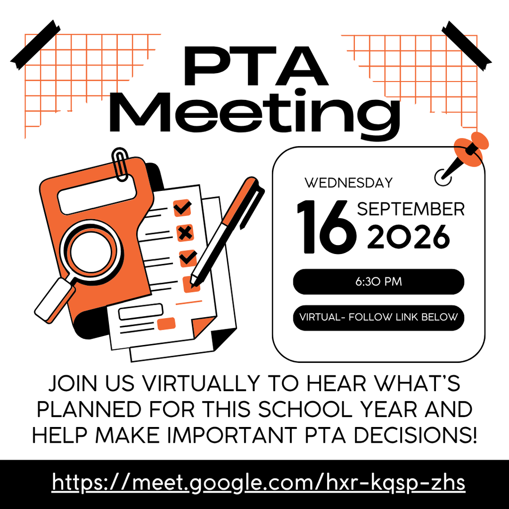 A virtual PTA meeting is scheduled for September 16, 2026, at 6:30 PM. Icons include a magnifying glass, pen, and paper.