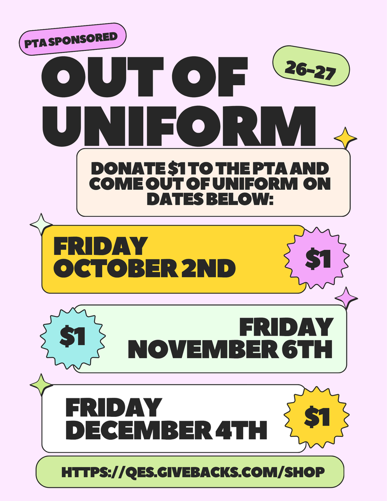 Pink poster with text and dates for "Out of Uniform" event. Dates include October 2, November 6, and December 4.