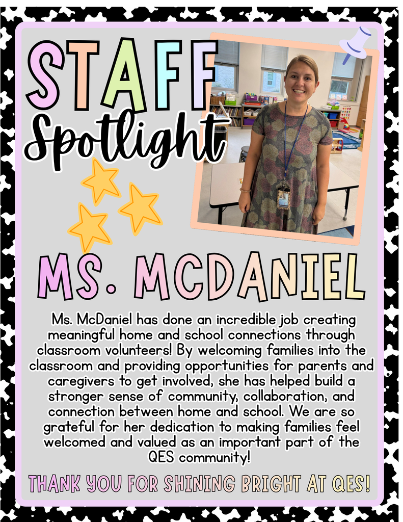 Poster with "Staff Spotlight" in large text, photo of a woman in a school setting, text describing Ms. McDaniel's contributions.