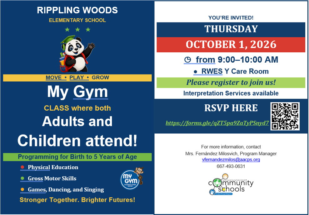 An invitation to Rippling Woods Elementary School's My Gym class. It includes the date, time, and RSVP link.