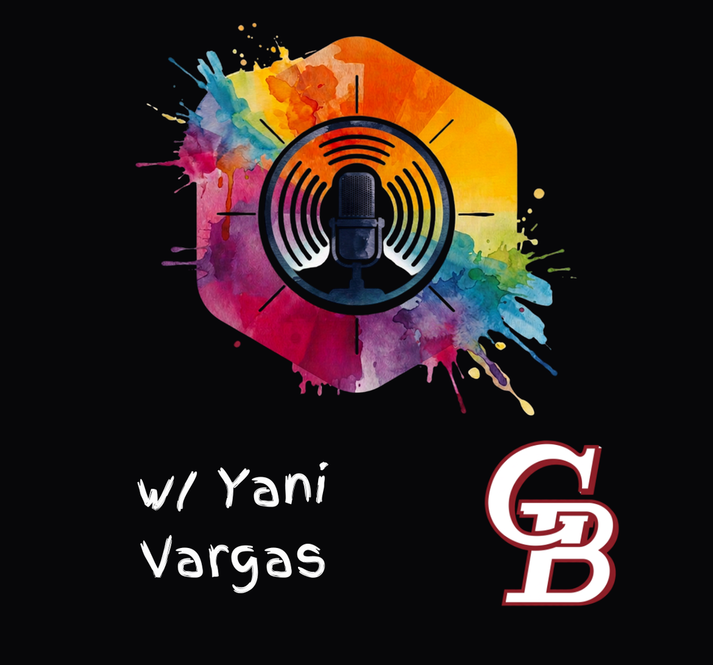 Logo featuring a microphone in a rainbow-colored hexagon with "w/ Yani Vargas" and a "GB" logo on a black background.