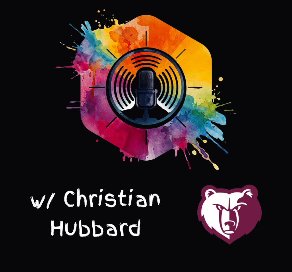 A black background displays a colorful hexagon with a microphone inside. The text "w/ Christian Hubbard" is below. A red bear logo is on the right.