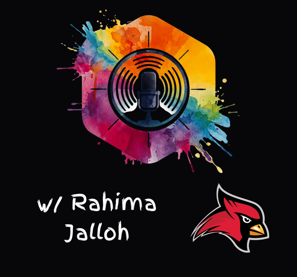 Black background features a colorful hexagonal shape with a microphone and "w/ Rahima Jalloh" in white. A red cardinal logo is below the text.