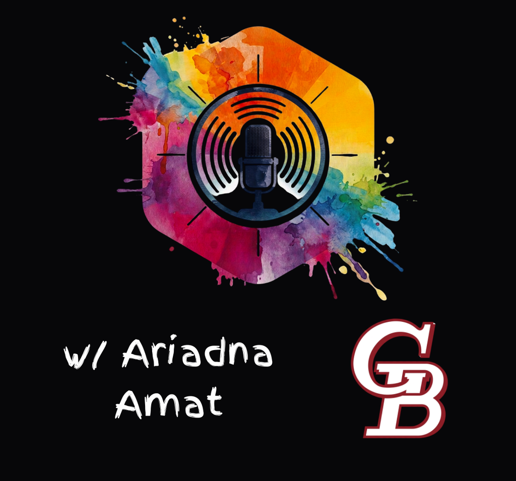 A colorful hexagon design with a microphone in the center and text "w/ Ariadna Amat" on a black background.