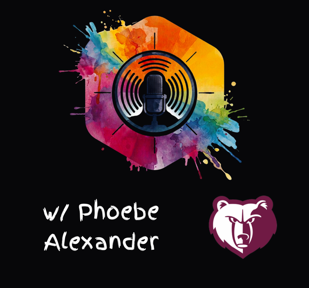 Logo for podcast featuring person with microphone in center, surrounded by rainbow colors, with text "w/ Phoebe Alexander".