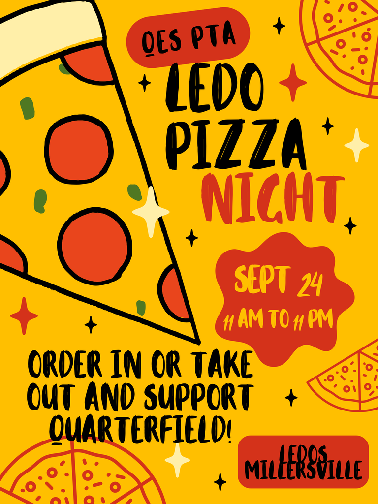 Poster for Ledo Pizza Night with a pizza slice, stars, and a slice of pizza. Date: Sept 24, time: 11 AM to 9 PM.