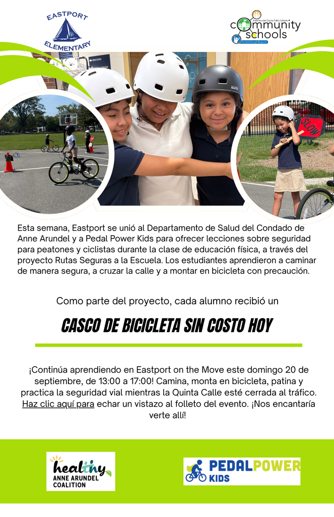 Four kids in helmets with two bikes and a green background. Spanish text reads "Casco de Bicicleta Sin Costo Hoy" and logo for Pedal Power Kids.
