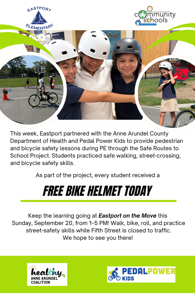 Flyer shows children with helmets. Text reads "Free Bike Helmet Today". Additional information is present.