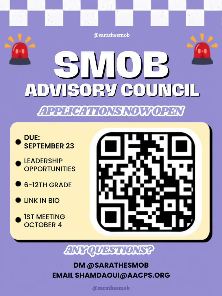 A purple poster invites applicants to join the Smob Advisory Council. Details include dates and a QR code.