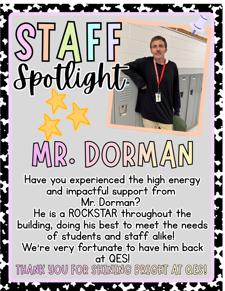 A poster with a picture of a man standing beside lockers, celebrating him as a dedicated staff member at a school.