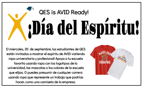 Poster with "Ques is Avid Ready!" and "Dia del Espiritu!" features a person and two white T-shirts, one with red writing.