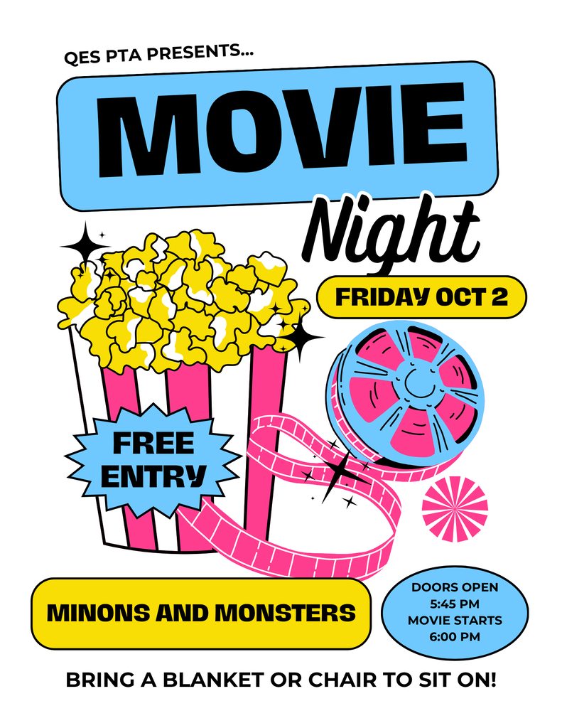 A flyer for a movie night event on Oct 2. It includes a popcorn box, a film reel, and a ribbon.