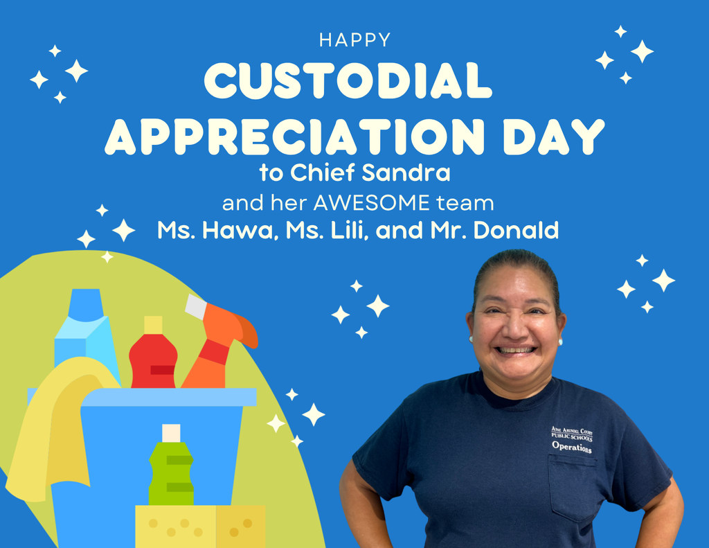 A poster with a blue background says "Happy Custodial Appreciation Day" with Chief Sandra and her team.