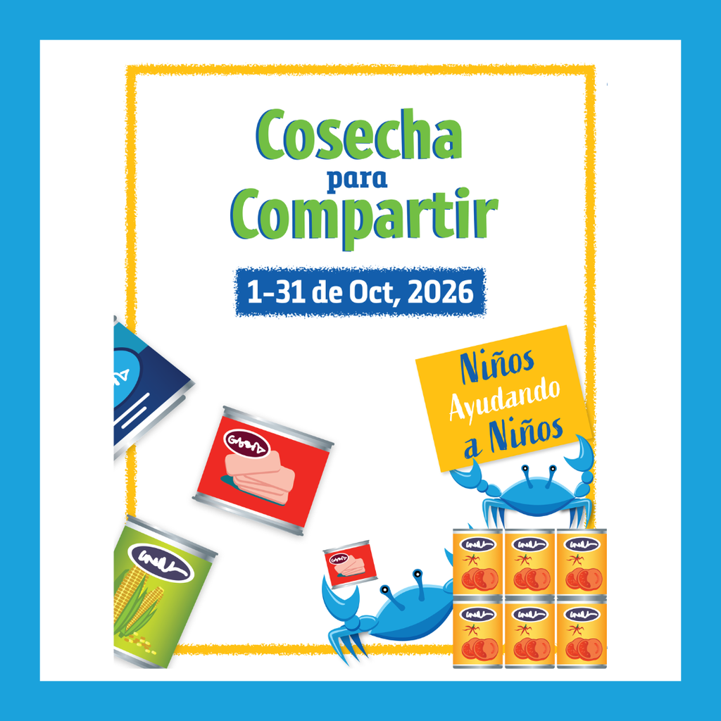 Cartel promocional en español para una campaña de donación de alimentos titulada “Cosecha para Compartir”, que se llevará a cabo del 1 al 31 de octubre de 2026. El diseño incluye ilustraciones de latas de alimentos, maíz y dos cangrejos azules sosteniendo un letrero que dice “Niños Ayudando a Niños”. El cartel utiliza principalmente los colores azul, verde, amarillo y blanco.