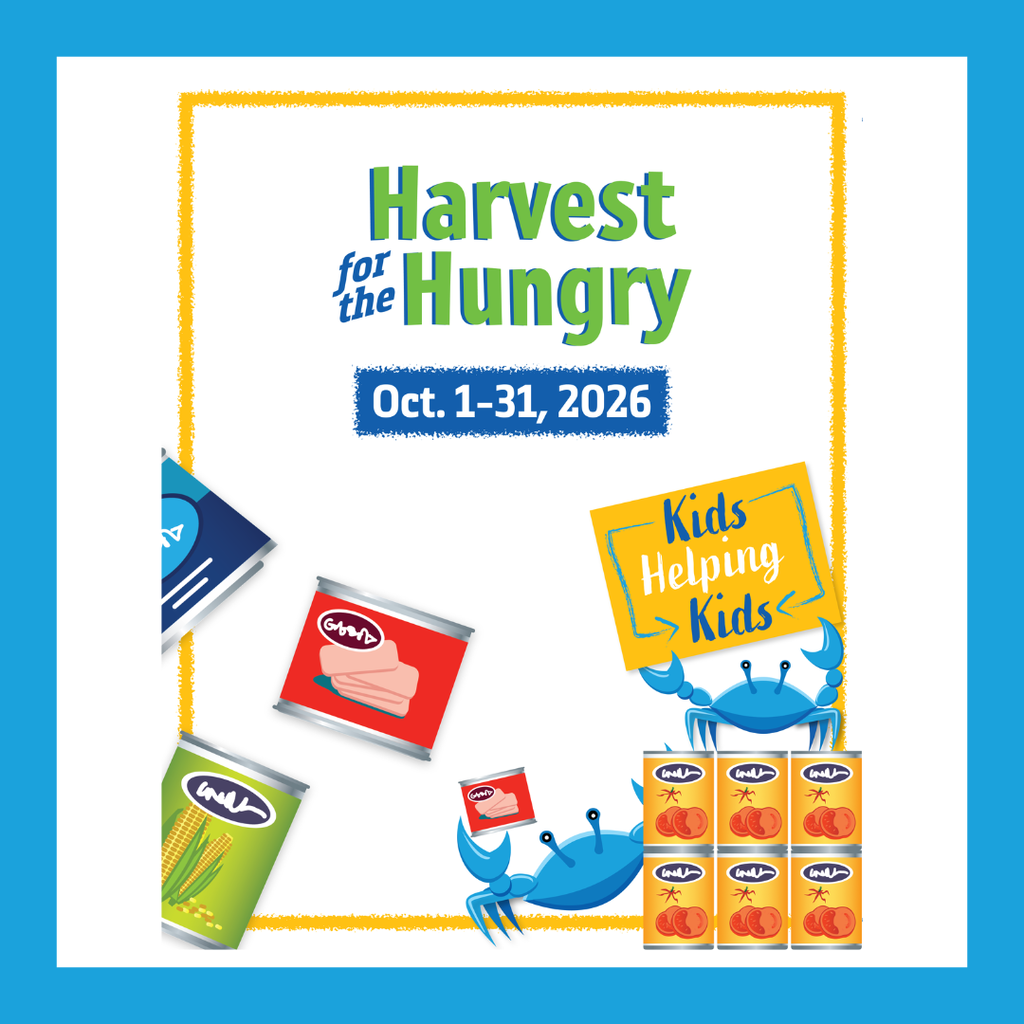 A flyer with text and a blue crab. The text reads: Harvest for the Hungry, Oct. 1-31, 2026.