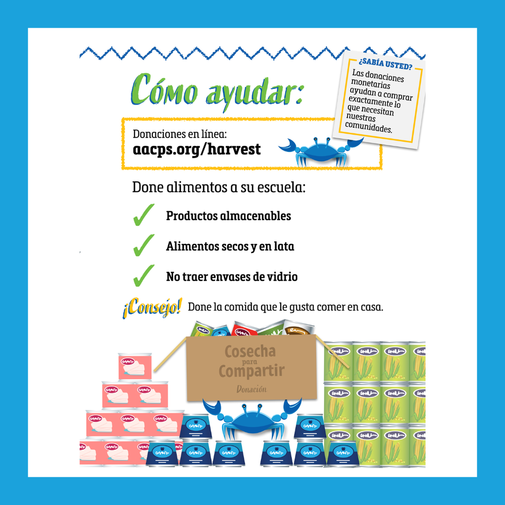 Infografía titulada “Cómo ayudar” que explica cómo apoyar la campaña Cosecha para Compartir. Incluye un enlace para hacer donaciones en línea: aacps.org/harvest. También invita a donar alimentos a la escuela, específicamente productos almacenables y alimentos secos o en lata, y señala que no se deben llevar envases de vidrio. Un consejo recomienda donar alimentos que a la familia le guste comer en casa. Un recuadro informa que las donaciones monetarias ayudan a comprar exactamente lo que necesitan las comunidades. La parte inferior muestra una caja de donaciones de Cosecha para Compartir rodeada de latas de alimentos y un cangrejo azul.