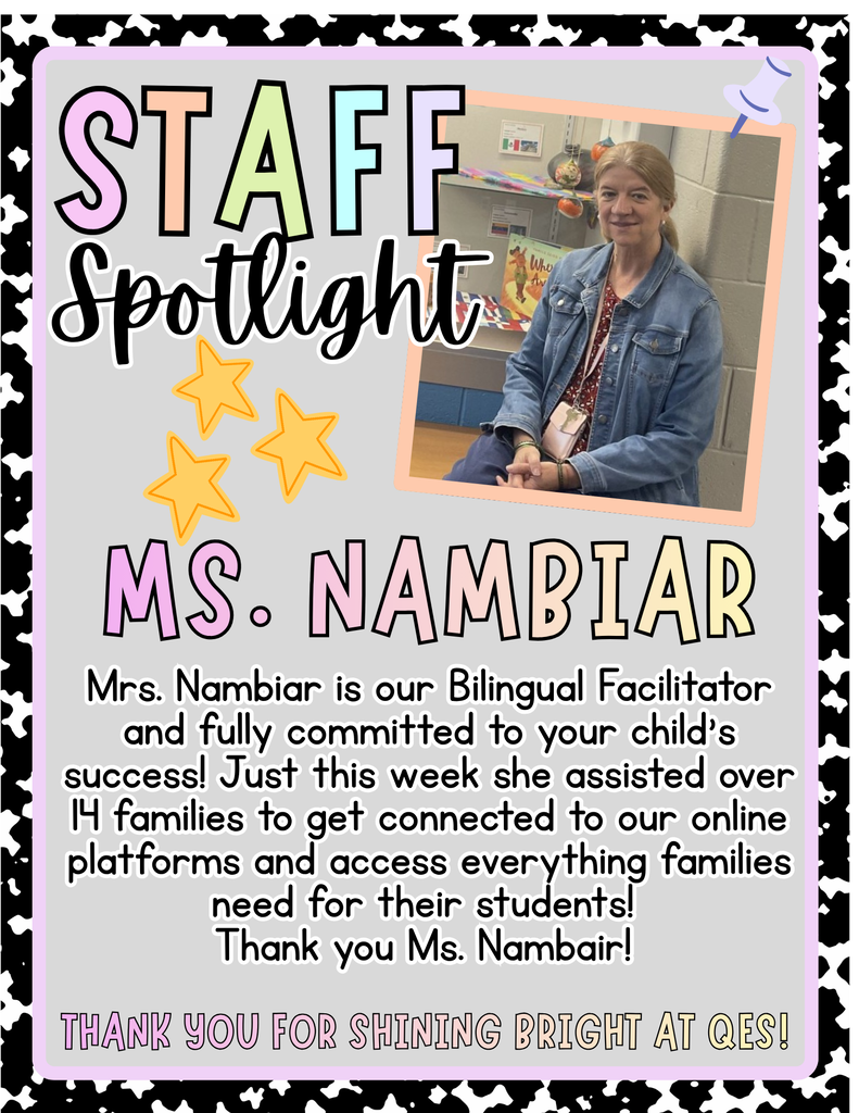 An image of a woman, Mrs. Nambiar, smiling and wearing a denim jacket. Stars surround the text "Staff Spotlight" and "Ms. Nambiar".