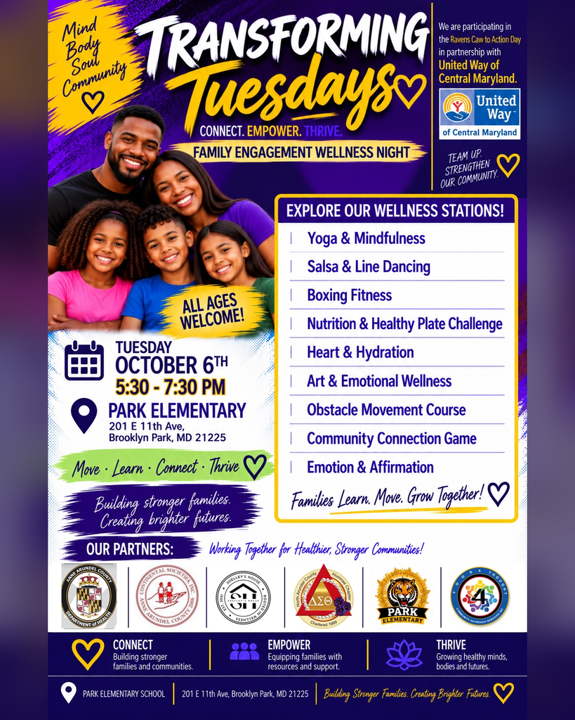 A poster advertising Transforming Tuesdays, featuring a family and a schedule of wellness activities from 5:30-7:30 PM.