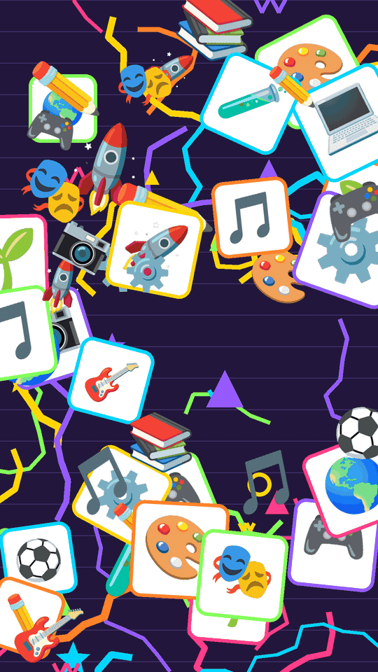 Colorful icons floating in a circle on a dark background. Icons include a pencil, guitar, rocket, soccer ball, and more.