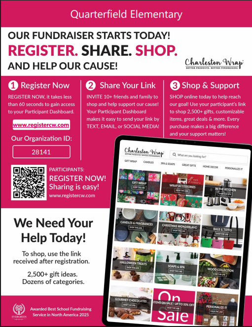 A promotional flyer displays a tablet with a website. The flyer includes steps to register, share, and shop, with a QR code for easy registration.