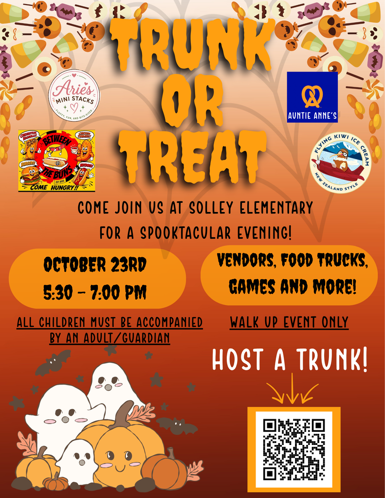 Event poster for Trunk or Treat. It will be held at Solley Elementary on October 23rd, from 5:30 to 7:00 PM.