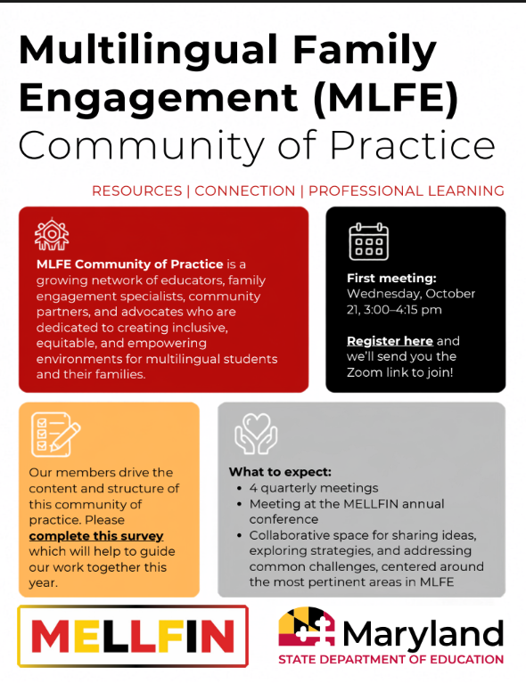 A banner with four colored blocks contains text. It reads "Multilingual Family Engagement (MLFE) Community of Practice". Below is a survey link.
