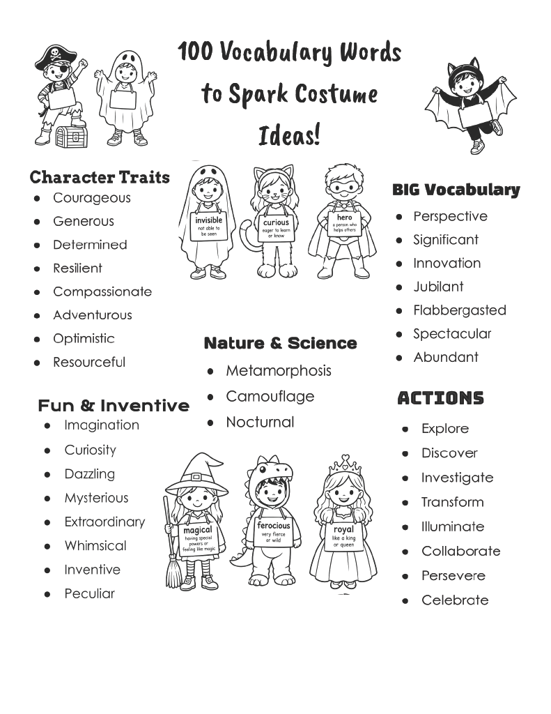 A page with vocabulary words for costume ideas lists character traits, nature and science terms, and actions. The page includes illustrations of children in costumes.