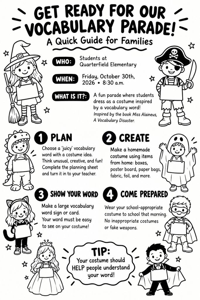 A flyer for the Vocabulary Parade at Quarterfield Elementary. It shows details like date, time, and steps for the parade. It has pictures of children in costumes.